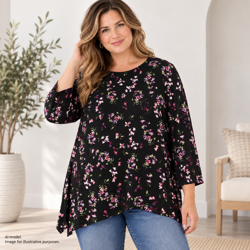 J Jill Shirt Womens 2X Black Floral Flowy Boxy Bateau Neck Slant Hem Prairie